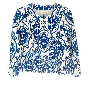 Chicos 1 Jacket Womens Medium Blue White Ikat Blazer Collarless Boho Coastal